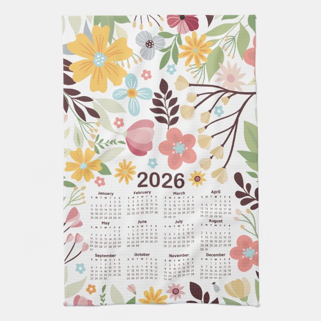 2026 Kalender Multicolor Handgezeichnete Blüte Geschirrtuch (Vertikal)