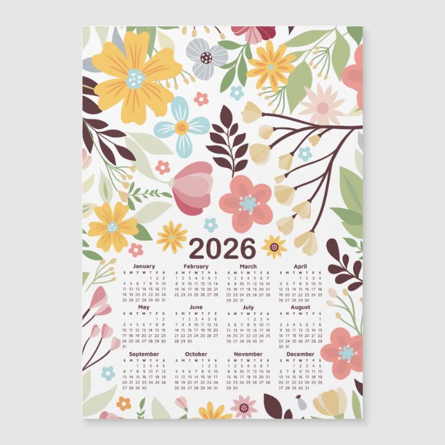 2026 Kalender Multicolor Handgezeichnete Blüte Magnetkarte (Vorderseite)
