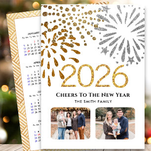 2026 Kalender Neujahr Feuerwerk Gold Familie Foto Feiertagskarte