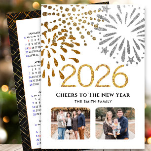 2026 Kalender Neujahr Feuerwerk Gold Familie Foto Feiertagskarte