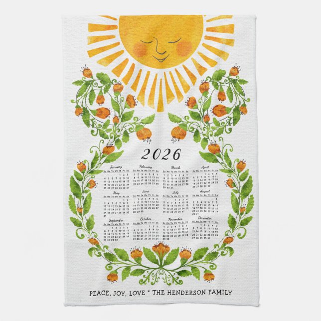2026 Kalender Niedlich Sun Orange Blume Blumenmust Geschirrtuch (Vertikal)