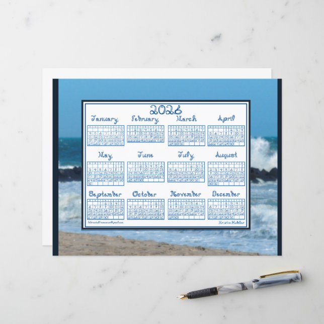 2026 Kalender Ozeanwellen Strand Felsen Stoff Schr (Vorderseite/Rückseite Beispiel)