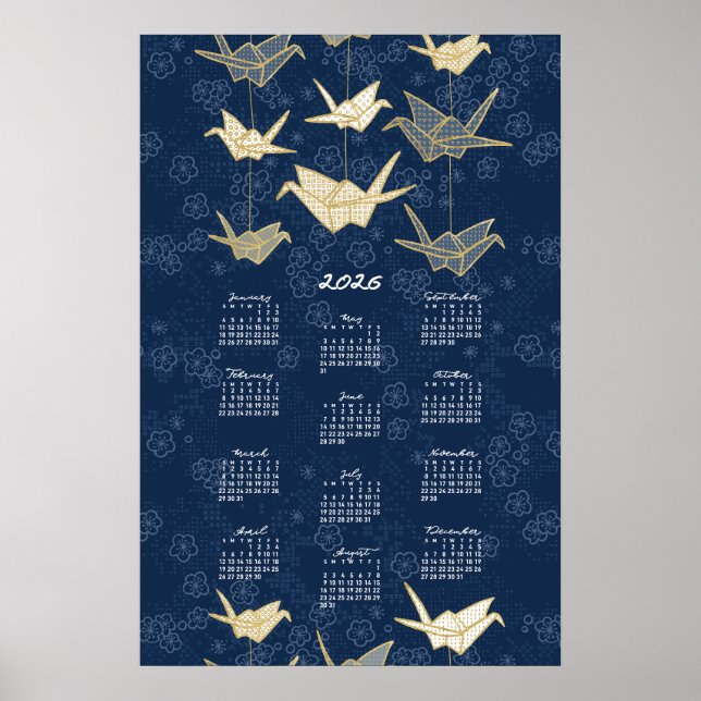 2026 Kalender Poster Origami Krane Blau und Gold (Vorne)