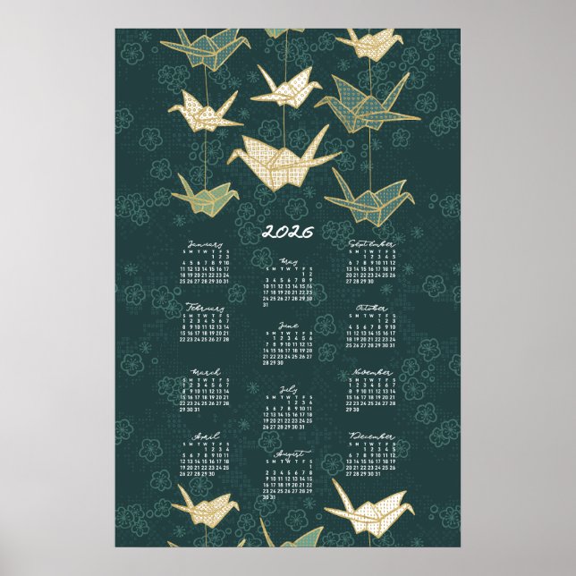 2026 Kalender Poster Origami Krane Grün und Gold (Vorne)