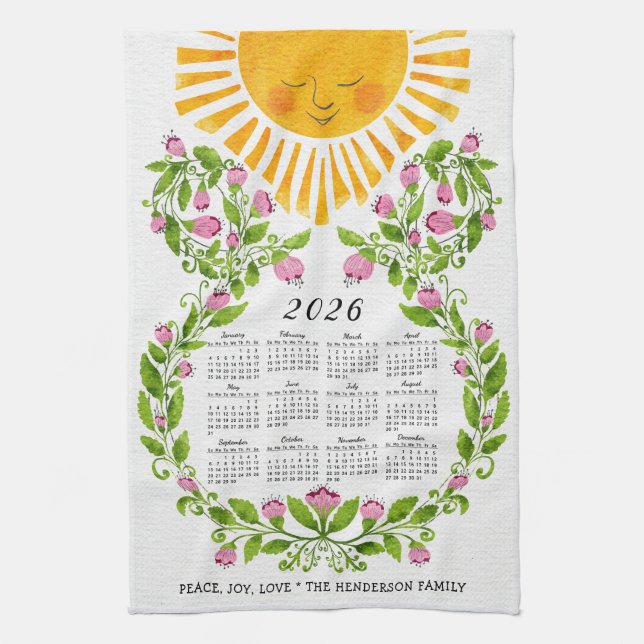 2026 Kalender Rosa Blume Niedlich Sonnenblumen Geschirrtuch (Vertikal)