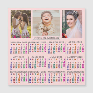 2026 Kalender Rosa Familienfoto Collage Magnet