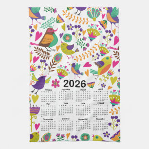 2026 Kalender Rosa und Lila Vögel und Blume Geschirrtuch