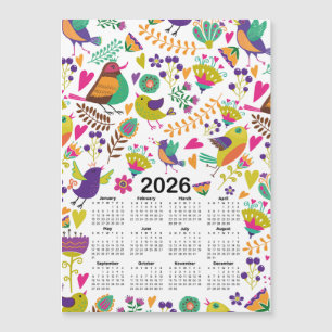 2026 Kalender Rosa und Lila Vögel und Blume Magnetkarte