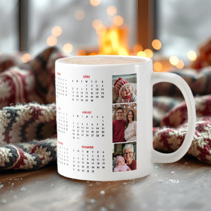 2026 Kalender rote Fotocollage drei Fotos Kaffeetasse