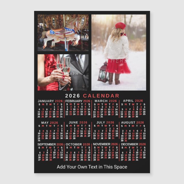 2026 Kalender Schwarz Rot Personalisiertes Foto Ma Magnetkarte (Vorderseite)