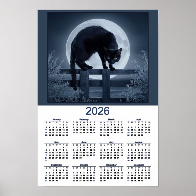 2026 Kalender Schwarze Katze auf einem Zaun bei Vo Poster (Vorne)