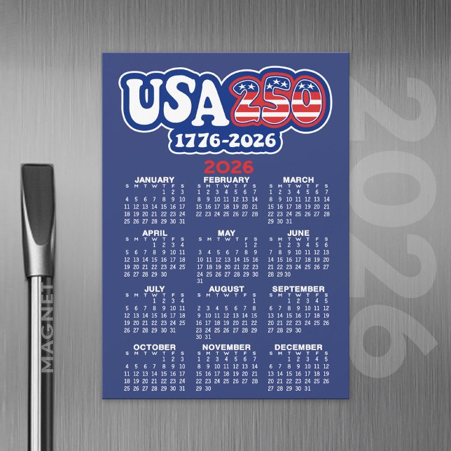 2026 Kalender USA 250 Amerikas Geburtstag 1776-202 Magnetkarte (2026 Calendar with a USA 250 Theme)