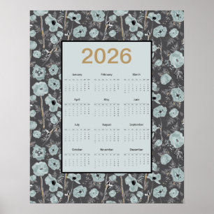 2026 Kalender Volljahr Blau Grau Mohnblumen Poster