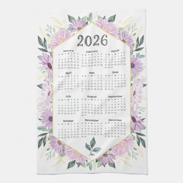 2026 Kalender Wasserfarbe Lila Botanische Vegetati Geschirrtuch (Vertikal)