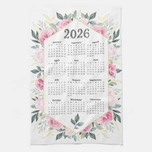 2026 Kalender Wasserfarbe Rosa Botanische Vegetati Geschirrtuch