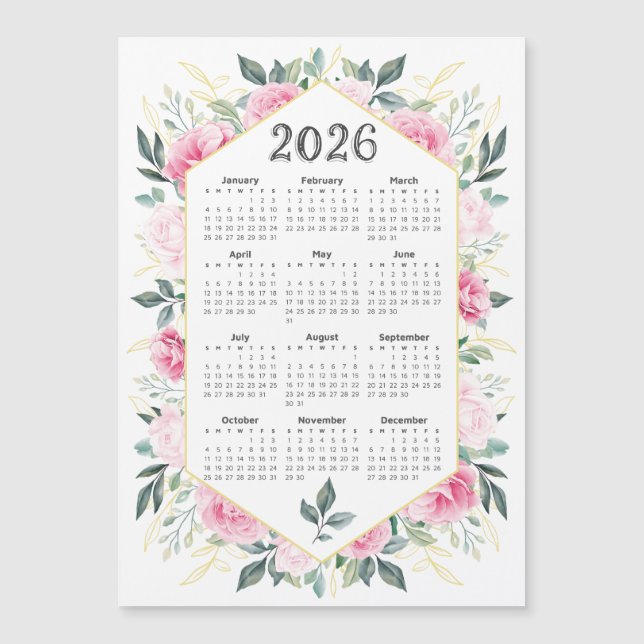 2026 Kalender Wasserfarbe Rosa Botanische Vegetati Magnetkarte (Vorderseite)