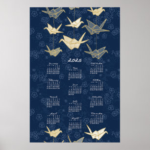 2026-Kalenderposter Origami-Kraniche Blau und Gold Poster