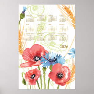 2026 Kalenderposter Watercolor Mohnblume Poster