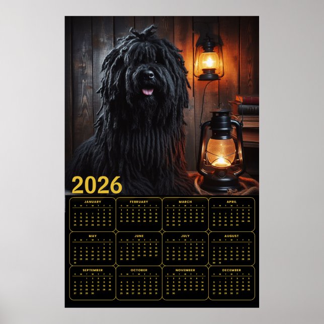 2026 Komondor mit Laternen und Büchern Kalender Poster (Vorne)