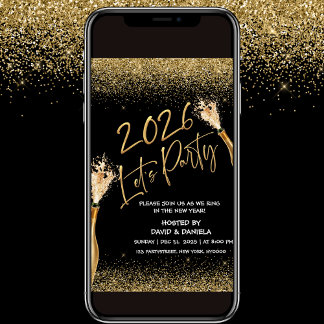 2026 Lass uns feiern Schwarz Gold Neujahrs-Einladu Einladung