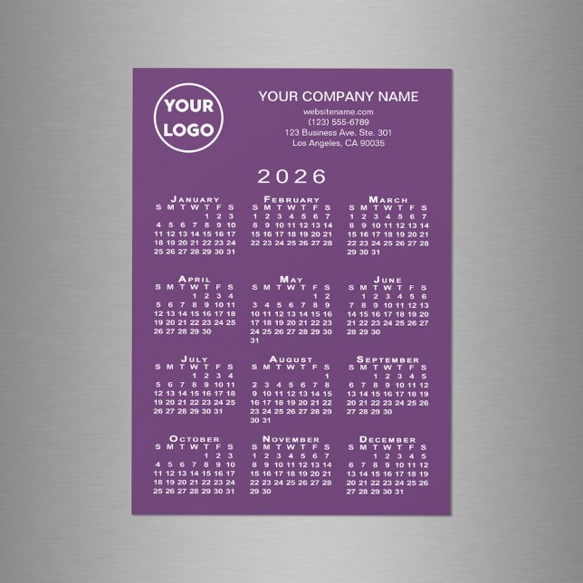 2026 Lila Magnet für  Logos im Kalender (2026 Calendar Business Logo Text Purple Magnet, in situ)