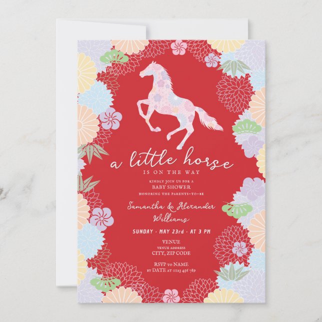 2026 Little Horse Floral Red Garden Baby Shower Einladung (Vorderseite)