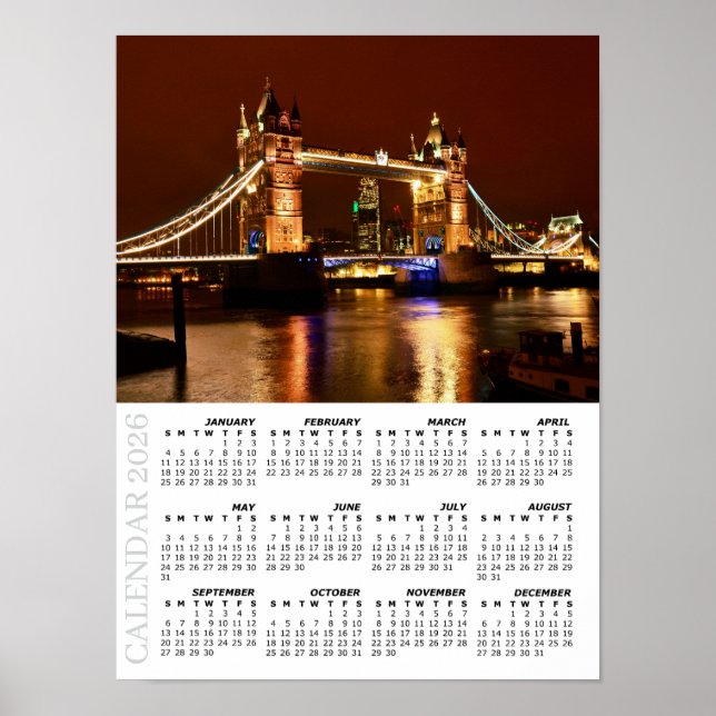 2026 London Kalender, Tower Bridge bei Nacht / UK Poster (Vorne)