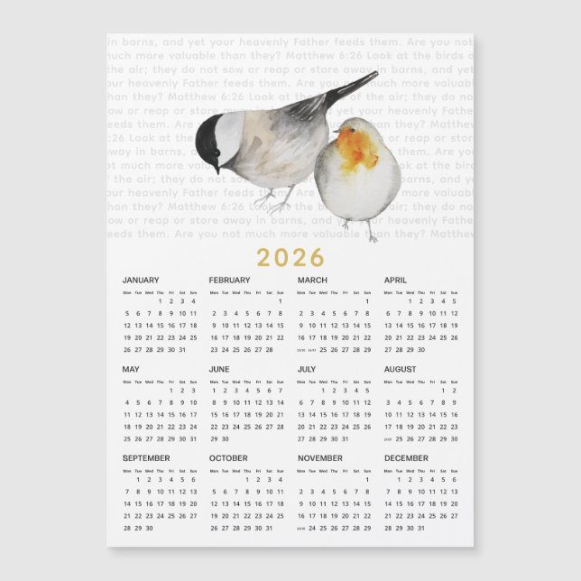 2026 Matthew 6:26 Watercolor Birds Calendar Magnet (Vorderseite)