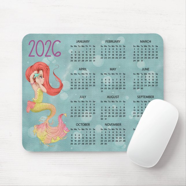 2026 Mermaid Desk Calendar Mouse Pad Mousepad (Mit Mouse)