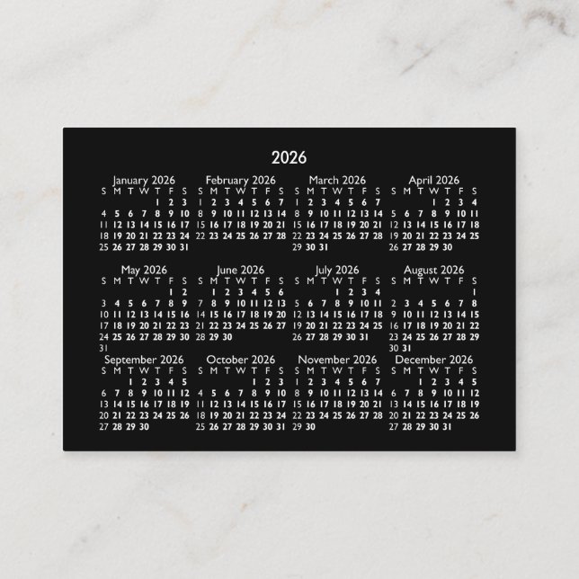 2026 Mini POCKET Calendar SUNDAY Start BLACK Visitenkarte (Rückseite)