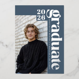 2026 Moderne Absolventen Blau Foto Abschluss Silbe Folieneinladung