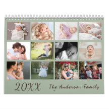 2026 Moderner Familienfoto-Kalender – grün & braun