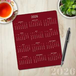 2026 Moderner Minimalistischer Burgunderrot-Kalend Mousepad