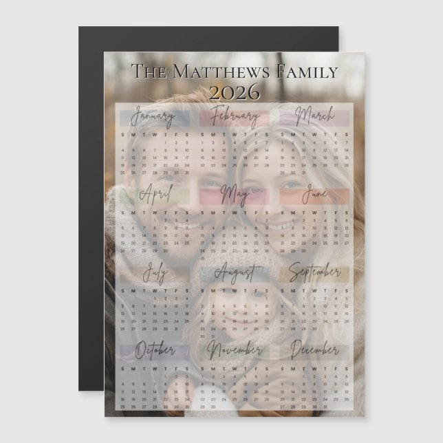 2026 Moderner Sleek Holiday Foto Kalender Magnetkarte (Vorne/Hinten)