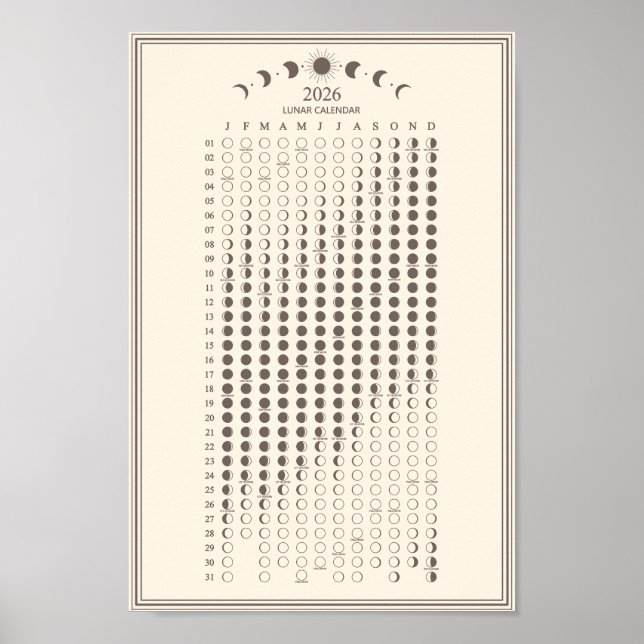 2026 Moon Phase Lunar Cycles Calendar Minimalist Poster (Vorne)