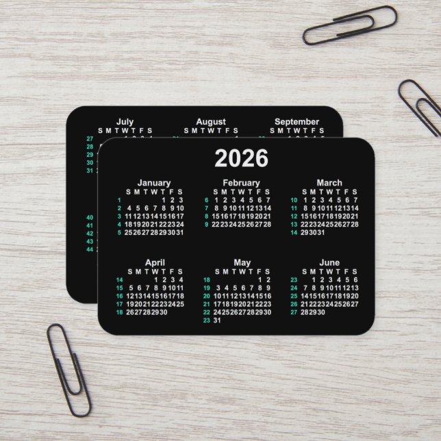 2026 Neon 52 Week ISO Kalender von Janz Visitenkarte (Vorderseite/Rückseite Beispiel)