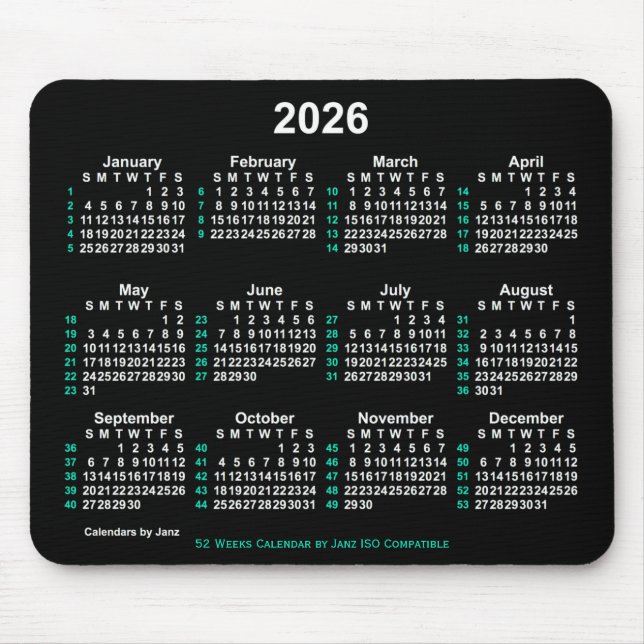 2026 Neon White 52 Weeks ISO Calendar by Janz Mousepad (Vorne)