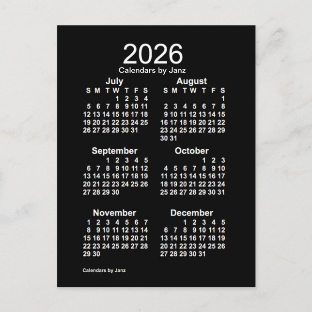 2026 Neon White 6 Month Mini Kalender von Janz Postkarte (Vorderseite)