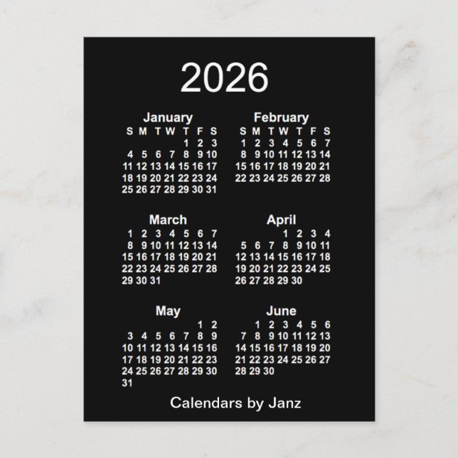 2026 Neon White 6 Month Mini Kalender von Janz Postkarte (Vorderseite)