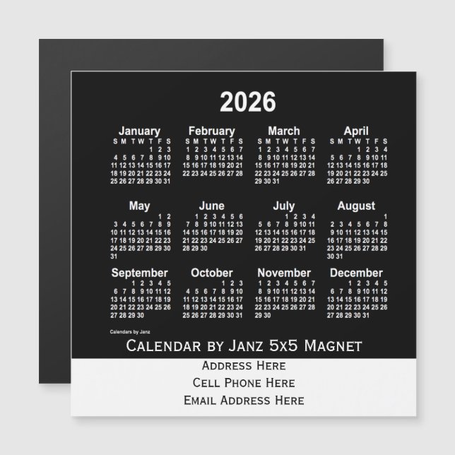 2026 Neon White Business Calendar von Janz Magnetkarte (Vorne/Hinten)
