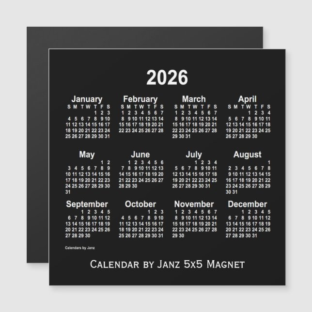 2026 Neon White Calendar von Janz 5x5 Magnet (Vorne/Hinten)
