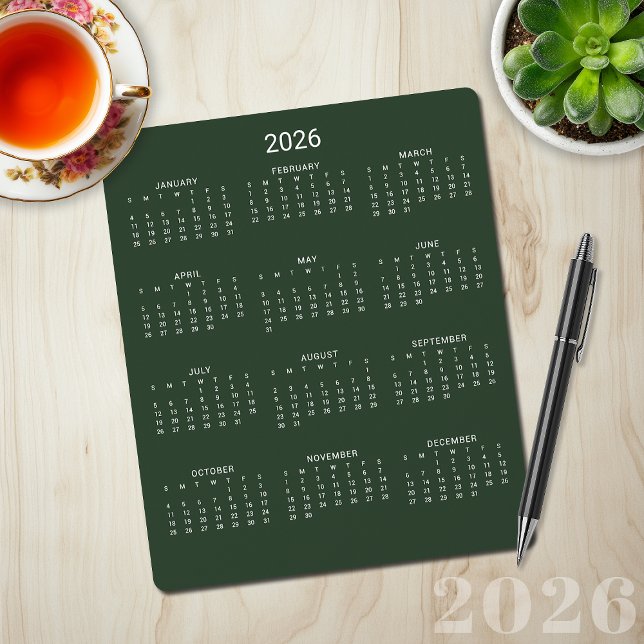 2026 Neuer Minimalistischer Wald - Grünkalender Mousepad (2026 Modern Minimalist Forest Green Calendar Mouse Pad)