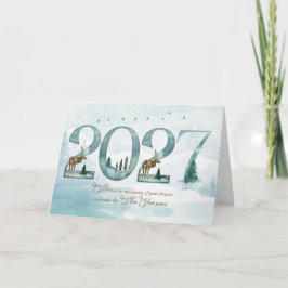 2026 Neujahrswald mit Hirsch und Kiefern Feiertagskarte