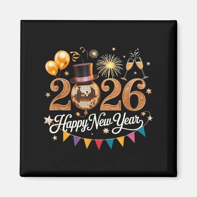 2026 New Year Celebration Disco Ball Gold Festivit Magnet (Vorne)
