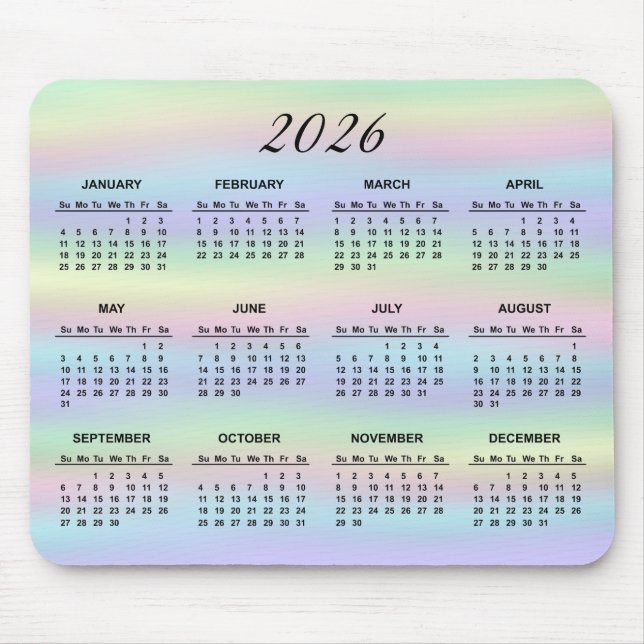 2026 Pastel Rainbow - Holografischer Kalender Mousepad (Vorne)