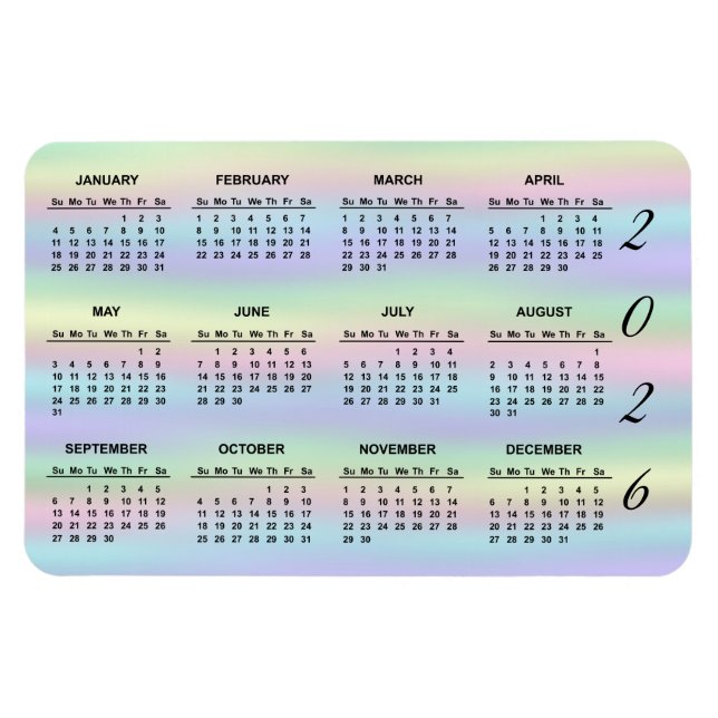 2026 Pastel Rainbow Holographic Calendar Magnet (Horizontal)