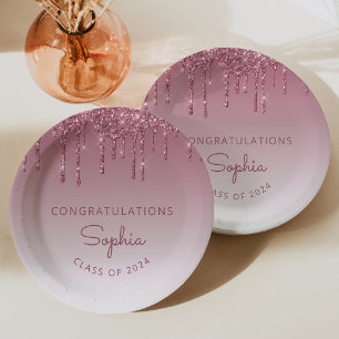 2026 Personalisierte Burgunder Glitter-Drip-Abschl Pappteller