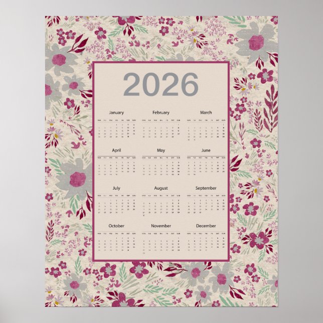 2026 Pink Gray Floral Pattern Calendar Poster (Vorne)