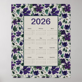 2026 Purple Clematis Flowers Wall Calendar Poster