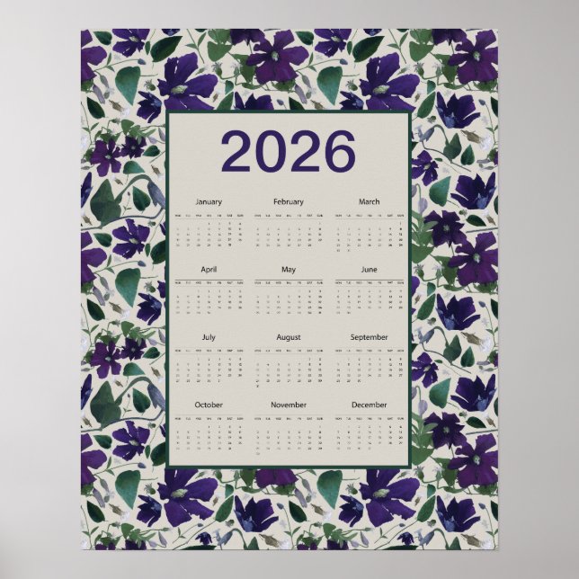2026 Purple Clematis Flowers Wall Calendar Poster (Vorne)